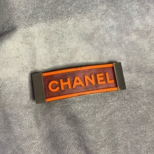 Chanel Pink Orange Rubber Silver Barrette Hair Piece Clip Snap